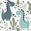 Dinosaur baby boy seamless pattern. Sweet dino with cactus. Scandinavian cute print. Royalty Free Stock Photo