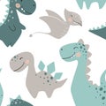 Dinosaur baby boy seamless pattern. Sweet dino with palm and cactus. Scandinavian cute print. Royalty Free Stock Photo