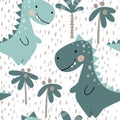 Dinosaur baby boy seamless pattern. Sweet dino with palm. Scandinavian cute print. Royalty Free Stock Photo