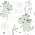 Dinosaur baby with camera cute seamless pattern. Sweet dino makes a photo shoot on beach print. Royalty Free Stock Photo