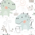 Dinosaur baby cute with spatula seamless pattern. Sweet dino builds a sand castle on beach print. Summer Royalty Free Stock Photo