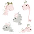 Dinosaur baby girl cute print set. Sweet dino princess with crown and bow.