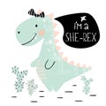 Dinosaur baby girl cute print. Sweet dino princess with bow. Cool tyrannosaurus illustration