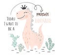 Dinosaur baby girl cute print. Sweet dino princess with crown. Cool brachiosaurus illustration