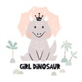 Dinosaur baby girl cute print. Sweet dino princess with crown. Cool triceratops illustration Royalty Free Stock Photo