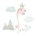 Dinosaur baby girl cute print. Sweet dino princess with crown.