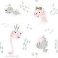 Dinosaur baby girl cute seamless pattern. Sweet dino princess with crown. Royalty Free Stock Photo