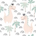 Dinosaur baby girl seamless pattern. Sweet dino princess with crown. Scandinavian cute print. Royalty Free Stock Photo