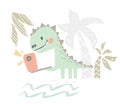 Dinosaur baby with phone cute print. Sweet dino makes a selfie on beach