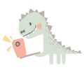 Dinosaur baby with phone cute print. Sweet dino makes a selfie