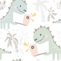 Dinosaur baby with phone cute seamless pattern. Sweet dino makes a selfie on beach print
