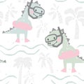 Dinosaur baby with rubber ring cute seamless pattern. Sweet dino going snorkeling on beach print. Royalty Free Stock Photo
