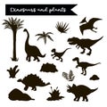 Dinosaur black set with plants isolated over white vector Royalty Free Stock Photo