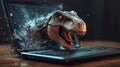 Dinosaur breaking out of computer screen, creating thrilling scene at home Royalty Free Stock Photo