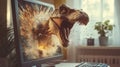 Dinosaur breaking out of computer screen at home, creating explosive scene Royalty Free Stock Photo