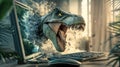 dinosaur breaking out of computer screen in home setting, creating dramatic and surreal scene Royalty Free Stock Photo