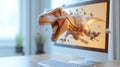 Dinosaur breaking out of computer screen in home setting, creating excitement and surprise Royalty Free Stock Photo