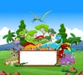 Dinosaur cartoon with landscape background and blank sign