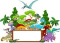 Dinosaur cartoon with landscape background and blank sign