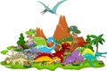 Dinosaur cartoon with landscape background