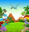 Dinosaur cartoon with landscape background