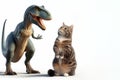 A dinosaur and a cat look at each other. Space for text. Royalty Free Stock Photo