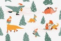 Dinosaur Christmas Set. New Year seamless pattern with cute Dino and other fantastic winter elements.Vector illustration Royalty Free Stock Photo