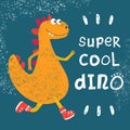 Fashionable grunge texture or print for children`s design. Dinosaur cool dude runs in fashionable sneakers. Vector illustration