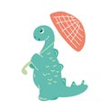 A dinosaur with a coral-colored umbrella in a cage.