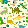 Cute dinosaurs seamless pattern in flat childlike style. Royalty Free Stock Photo