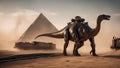 dinosaur in desert near a pyramid steampunk, A steampunk scene of a metal sauropod dinosaur walking in a desert,