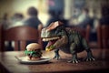 Dinosaur eating a hamburger on a wooden table in a restaurant