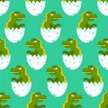 Dinosaur in egg pattern seamless. Small dyno in shell background. Baby fabric texture. Cartoon vector ornament Royalty Free Stock Photo