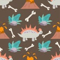 Dinosaur, egg, volcano, tropical leaves and bones for baby textiles.Cute seamless pattern with lava and stone and cute