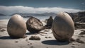 dinosaur eggs on the beach _The dinosaur egg was an exploited creature that existed in the dystopian world, Royalty Free Stock Photo