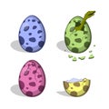 Dinosaur eggs in cartoon style. Isolated image of broken colorful object. Dino icons Royalty Free Stock Photo