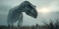 Dinosaur explores misty primeval forested mountains during a cinematic scene Royalty Free Stock Photo