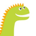 Dinosaur face. Cute cartoon funny dino baby character. Flat design. Green and orange color. White background. Isolated