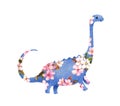 Dinosaur in flowers. Cute cartoon decorative diplodocus in spring cherry blossom. Character floral dino in beautiful