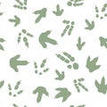 Dinosaur footprint tracks. Minimal color seamless pattern. Background with paw, claw predator. Dinosaur footprint