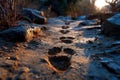 Dinosaur Footprints in Muddy Terrain at Sunset Royalty Free Stock Photo