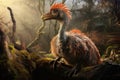 Dinosaur in the forest. Animal in the nature habitat. Dinosaur in the forest. A bird like a dinosaur of the late Jurassic period,