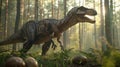 A dinosaur in the forest, like Allosaurus or shotsis, is depicted among eggs Royalty Free Stock Photo