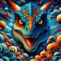 The dinosaur in front face, cute, abstract style, cartoon, digital anime art, animal creatures