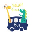 Cute cartoon dinosaurs and a giraffe go by bus and enjoy. Modern, positive phrase hi. Printing of children`s cards, stickers, pape