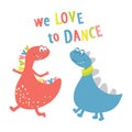 Dinosaurs dance and sing a song. Printing of children`s cards, Souvenirs, children`s fashion. Vector illustration Royalty Free Stock Photo