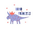 Dinosaur girl cute print. Cool dino princess with crown illustration for nursery t-shirt, kids apparel, invitation