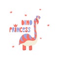 Dinosaur girl cute print. Cool dino princess with crown illustration for nursery t-shirt, kids apparel, invitation