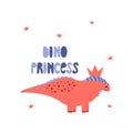 Dinosaur girl cute print. Cool dino princess with crown illustration for nursery t-shirt, kids apparel, invitation