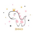 Dinosaur girl princess cute vector illustration. Dino baby print